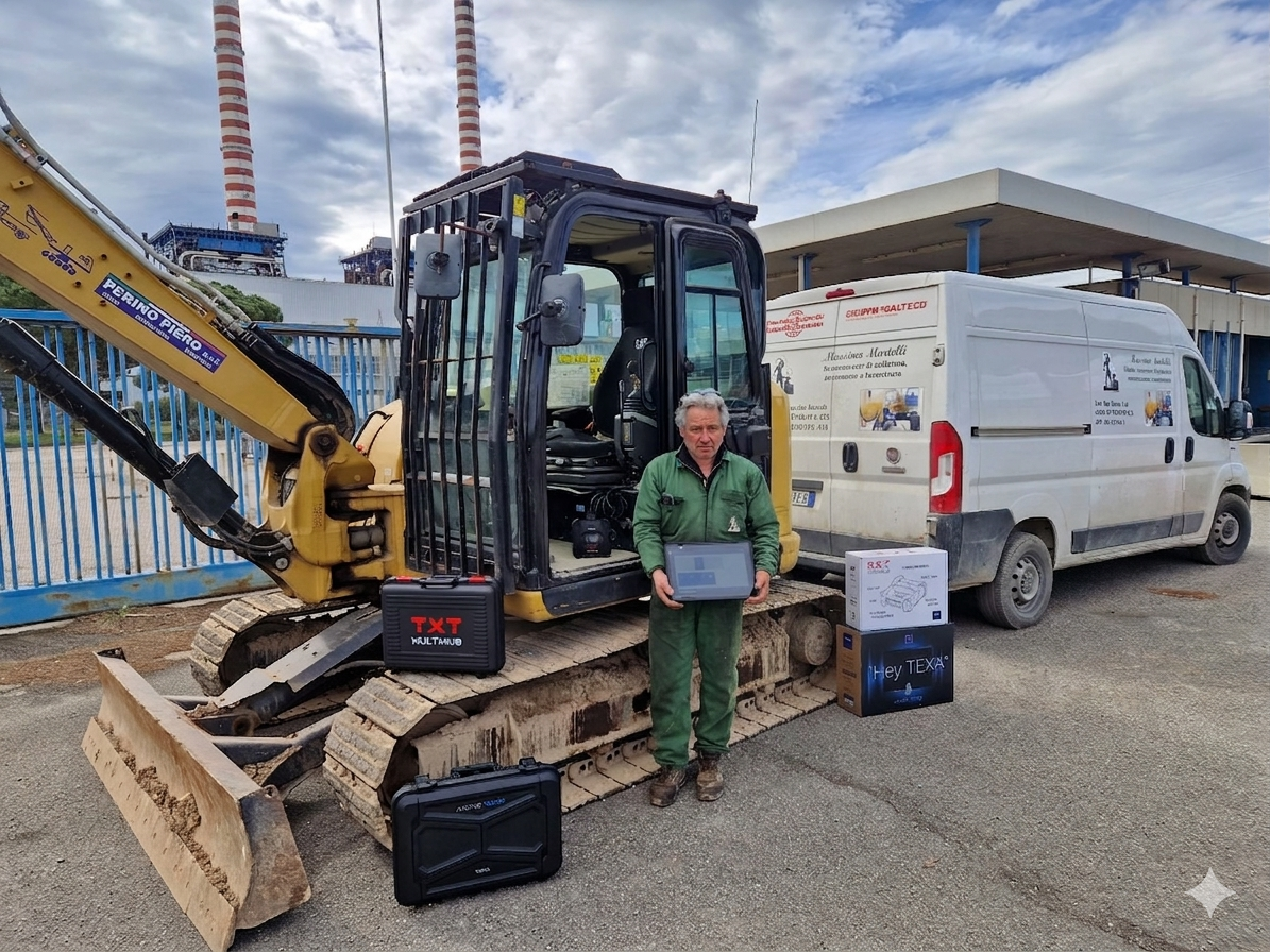Massimo Martelli con strumenti diagnostica Texa davanti a escavatore